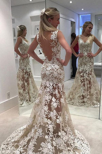Elegant Lace Sheer Ivory V-Neck Appliques Sleeveless Mermaid Backless Wedding Dresses RS307