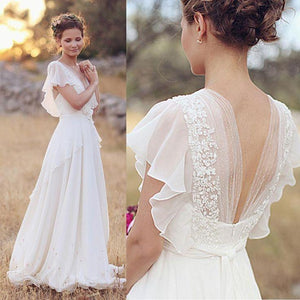 Elegant A-Line Ivory Flower Cap Sleeve V-Neck Chiffon Open Back Wedding Dresses RS376