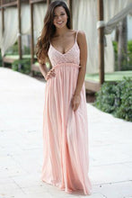 Load image into Gallery viewer, A-Line Spaghetti Straps Floor-Length Backless Sleeveless Pink Chiffon Lace Prom Dresses RS276