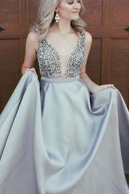 Sexy Elegant Sparkly Beads Top A-line Open Back V-Neck Stretch Satin Prom Dresses RS408