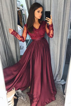 Load image into Gallery viewer, Elegant A-Line Lace Long Sleeves Satin Burgundy Beads Slit V-Neck Prom Dresses RS298
