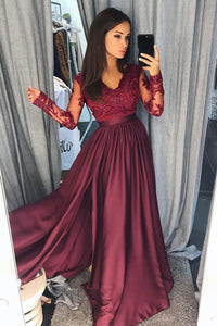 Elegant A-Line Lace Long Sleeves Satin Burgundy Beads Slit V-Neck Prom Dresses RS298