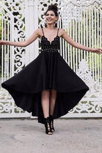 Load image into Gallery viewer, A Line Black V neck Short High Low Spaghetti Straps Prom Dresses Homecoming Dress RS692