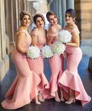 Load image into Gallery viewer, Baby Pink Mermaid Off the Shoulder Hi-Low with Ruffles Sweetheart Lace Top Bridesmaid Dress RS468