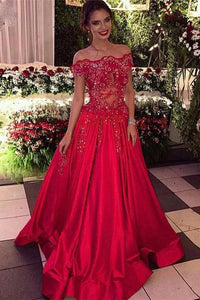 Off the Shoulder Beads Sequins Stretch Satin Cheap Long Red A-line Prom Dresses RS302