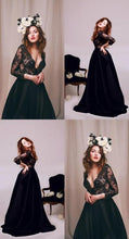 Load image into Gallery viewer, New Style Black 3/4 Sleeves Lace Satin V-Neck A-Line Floor-Length Evening Dresses RS282