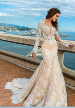 Load image into Gallery viewer, 2024 White Lace Mermaid Deep V-Neck Backless Long Sleeve Wedding Dresses RS835