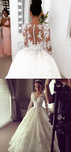 Modest Tulle Country Lace Long Sleeve Ball Gown Sheer Back Scoop Appliques Wedding Dress RS75