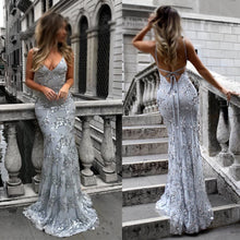 Load image into Gallery viewer, Sexy V-Neck Spaghetti Straps Grey Mermaid Sequined Backless Sleeveless Evening Dresses RS239