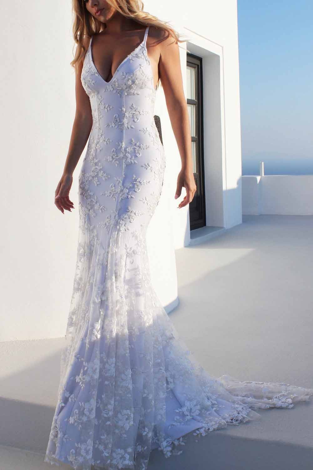Sexy Backless Off White Mermaid Lace V Neck Wedding Dresses Long Prom Dresses RS354