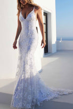 Load image into Gallery viewer, Sexy Backless Off White Mermaid Lace V Neck Wedding Dresses, Long Prom Dresses PW353