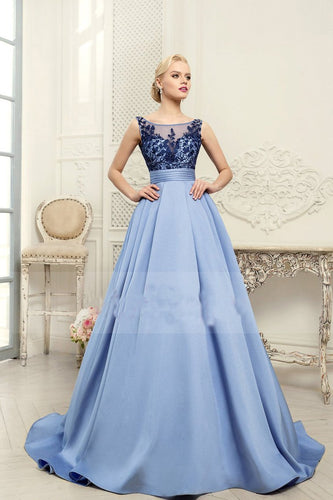 2024 Scoop Blue A-Line Appliques Satin Backless Sleeveless Quinceanera Dress Prom Dresses RS456