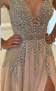 2024 A-line V-neck Nude Tulle with Slit Sexy Shinny Rhinestone Long Prom Dresses RS634