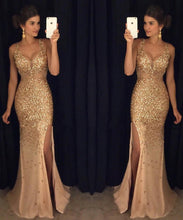 Load image into Gallery viewer, Elegant Gold Mermaid V-Neck Beads Side slit Tulle Long Evening Prom Dresses RS492