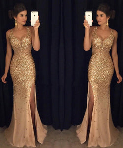 Elegant Gold Mermaid V-Neck Beads Side slit Tulle Long Evening Prom Dresses RS492