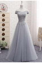 Load image into Gallery viewer, A-Line Gray Lace Off the Shoulder Tulle Lace-up Sweetheart Prom Dresses RS157