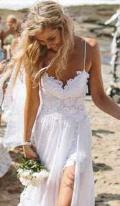 Beach Simple Casual White A-line Princess V neck Spaghetti Straps Wedding Dress RS136