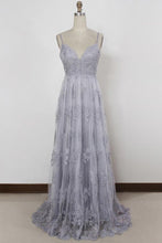 Load image into Gallery viewer, Sheath Spaghetti Straps Sweep Train Backless Lavender Tulle with Appliques Prom Dresses RS156