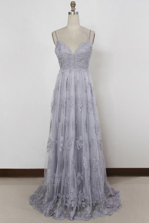 Sheath Spaghetti Straps Sweep Train Backless Lavender Tulle with Appliques Prom Dresses RS156