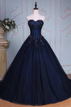 Load image into Gallery viewer, Princess Ball Gown Sweetheart Navy Blue Beads Ruffles Long Tulle Prom Dresses with Lace up RS236