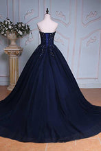 Load image into Gallery viewer, Princess Ball Gown Sweetheart Navy Blue Beads Ruffles Long Tulle Prom Dresses with Lace up RS236