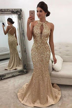 Load image into Gallery viewer, Mermaid Sleeveless Halter Sequins Golden Open Back Sweep Train Satin Prom Dresses RS556