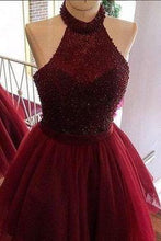 Load image into Gallery viewer, Burgundy A-line Halter Beading Backless Homecoming Dress RS539