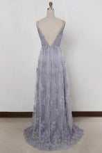 Load image into Gallery viewer, Sheath Spaghetti Straps Sweep Train Backless Lavender Tulle with Appliques Prom Dresses RS156