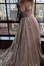 Load image into Gallery viewer, A-Line Deep V-Neck Court Train Open Back Sequined Prom Dress with Beading RS82