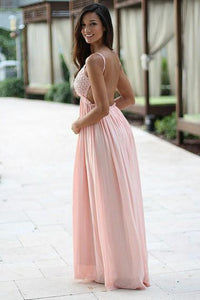 A-Line Spaghetti Straps Floor-Length Backless Sleeveless Pink Chiffon Lace Prom Dresses RS276