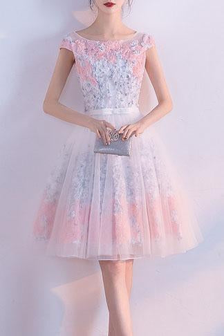 A line Short Appliques Tulle Lace Round neck Knee length Pink Homecoming Dress RS187