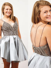 Load image into Gallery viewer, Straps Short Silver Beads Backless V-Neck A-Line Tulle Homecoming Dresses RS167