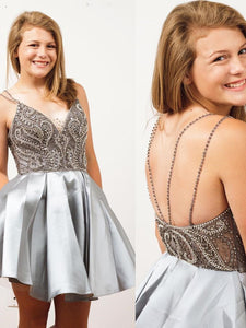 Straps Short Silver Beads Backless V-Neck A-Line Tulle Homecoming Dresses RS167