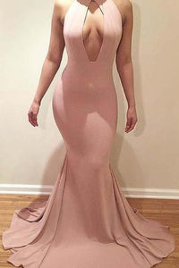 Mermaid Scoop Neck Sweep Train Jersey with Ruffles V-Neck Sleeveless Prom Dresses RS624