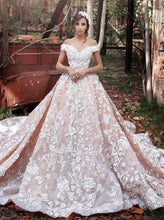 Load image into Gallery viewer, 2024 A-Line Off the Shoulder Ball Gown Court Train Tulle Appliques Wedding Dresses RS537