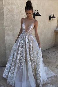 2024 A-Line White Long Tulle Deep V Neck Lace Sleeveless Appliques Prom Dresses RS850