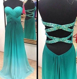 Simple A-Line Chiffon Ombre Strapless Green Sweetheart Open Back Prom Dresses RS345