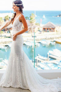 Elegant Mermaid Lace V-neck Court Train Ivory Sleeveless Beach Wedding Dresses RS314