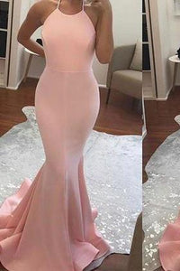 2024 Halter Mermaid Halter Pink Backless Long Sleeveless Floor Length Long Prom Dresses RS766