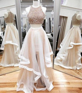 Sexy A-line Scoop Neck Tulle Beading Two Piece Halter Sleeveless Pink Prom Dresses RS635