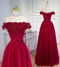 Load image into Gallery viewer, A-line Tulle Burgundy Short Sleeve Off-the-Shoulder Scoop Hand-Made Flower Prom Dresses RS776