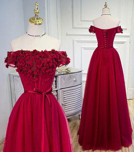A-line Tulle Burgundy Short Sleeve Off-the-Shoulder Scoop Hand-Made Flower Prom Dresses RS776