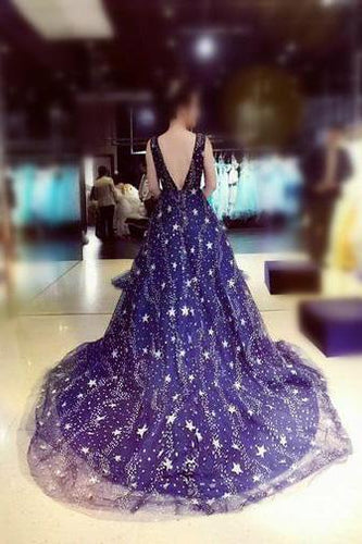 Chic Ball Gown Dark Navy Scoop Sweep Train Tulle Modest Rhinestone Long Prom Dresses RS210