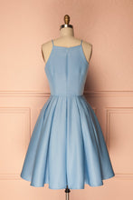 Load image into Gallery viewer, A Line Blue Halter Sleeveless Short Satin Knee Length Homecoming Dress RS601