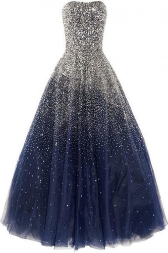 Ball Gown Beads Corset Back Tulle Long Navy Blue Sweetheart Floor-length Prom Dresses RS212