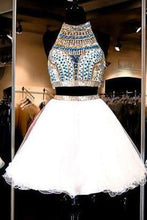 Load image into Gallery viewer, White Tulle Two Piece Beads Open Back Halter Homecoming Dress