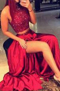 Burgundy Two Piece Beading Halter Open Back Carpet Long With Slit Prom Dresses RS152