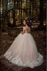 Cute Tulle Scoop Ball Gown Lace Appliques Beads Cap Sleeve Pink Flower Girl Dresses RS298