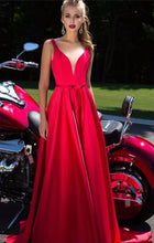 Load image into Gallery viewer, New A-Line Appliques Beads Floor Length Deep V-Neck Red Sexy Elegant Prom Dresses RS484