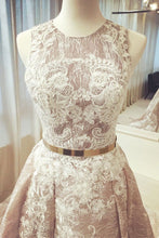 Load image into Gallery viewer, A-Line Round Neck Long Wedding Dress Sleeveless Scoop Belt Appliques Prom Dresses RS367